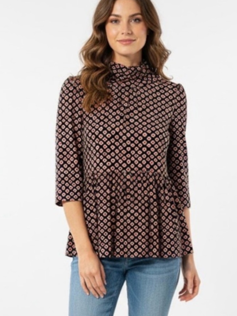 Diane Von Furstenberg Black Amore Hearts Mock Neck Peplum Top Silk